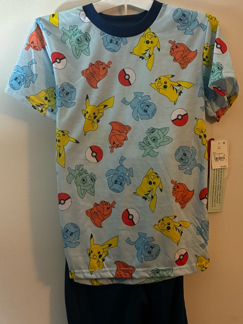 Pokemon Light Blue Short Sleeve Pajama Top with Yellow, Red, Navy & Green Prints